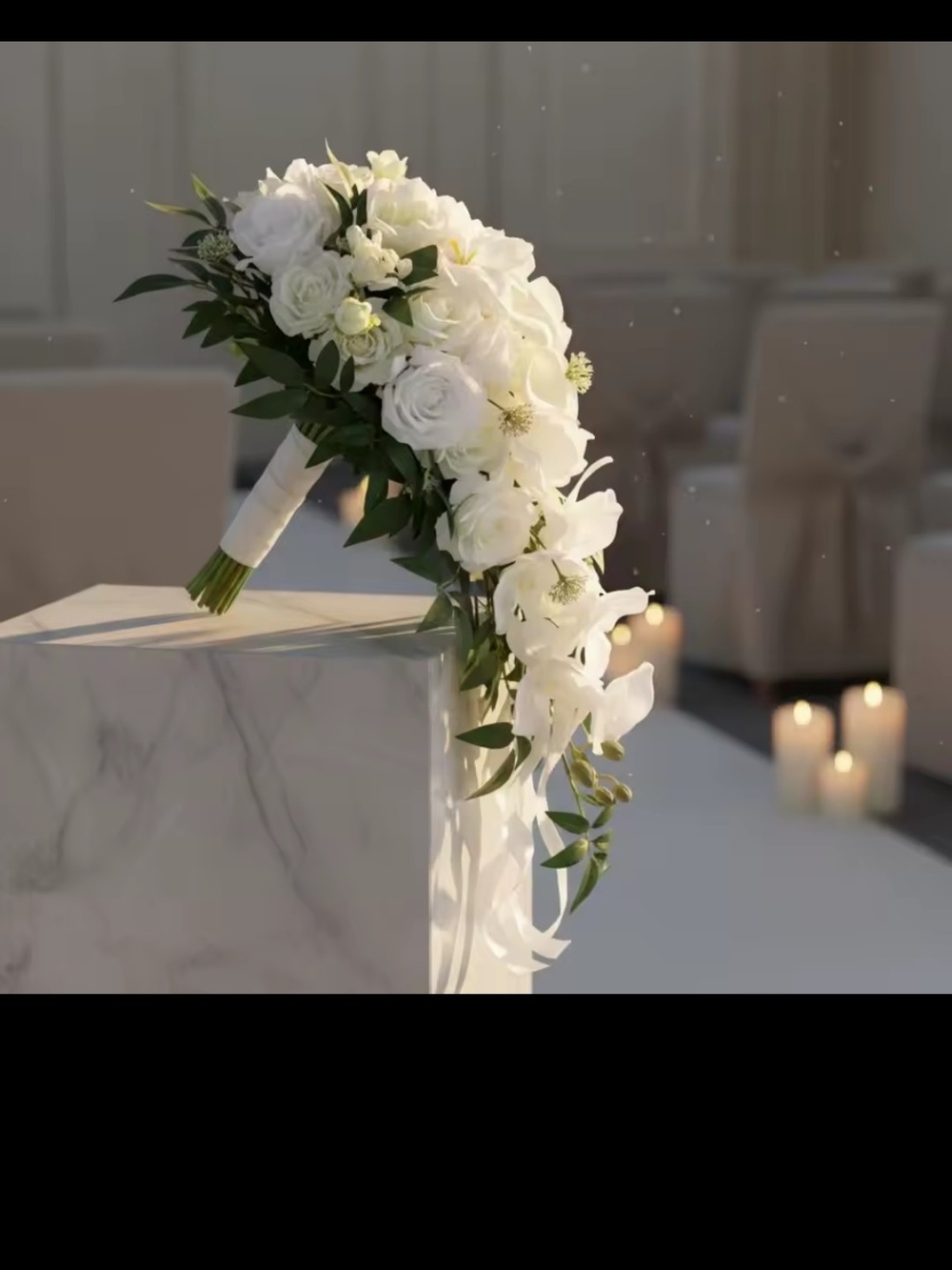 Bridal White Cascading Faux Bouquet with Greenery - Picture 3 of 13